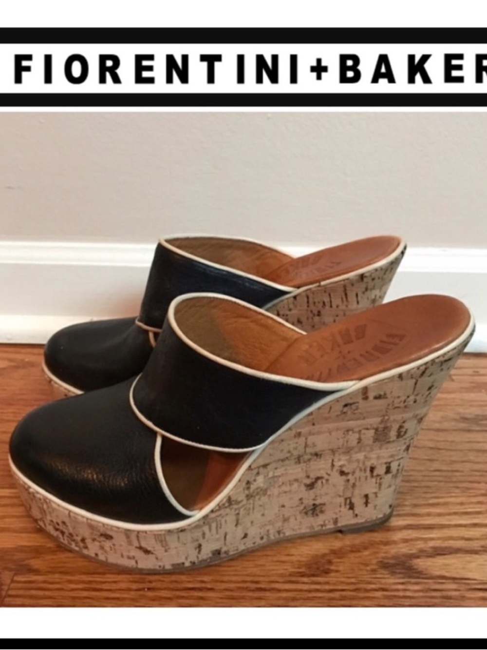 Fiorentini + Baker Black Leather Cork Wedge Mules with White Trim IV